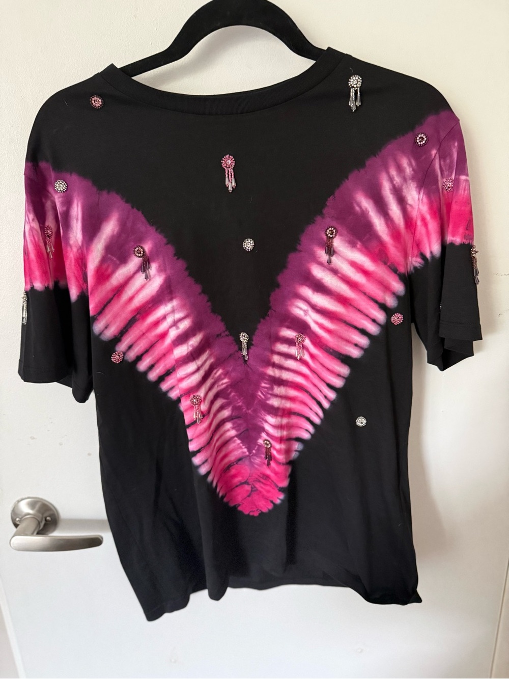 Sandro Black Tee with Pink and Magenta V-Tie Dye